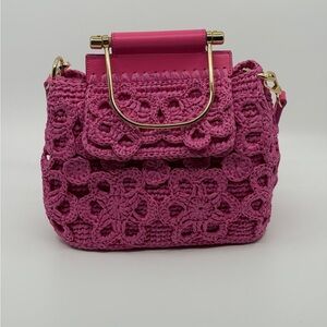 Crochet Floral Accent Shoulder Bag - Bright Pink Hand made crochet